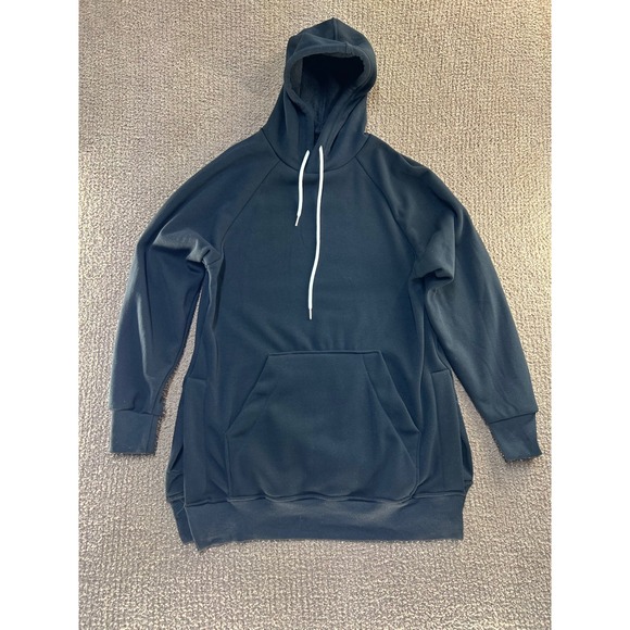 The Warmy Tops - The Warmy Black Fleece Lined Longline Hoodie Sweatshirt Small Raglan Sleeve